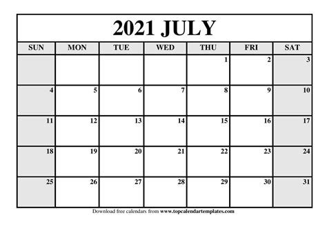 Free July 2021 Printable Calendar Monthly Templates