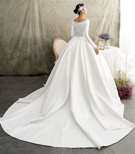 White Satin Ball Gown Wedding Dress Long Sleeve Wide Neckline · Narsbridal · Online Store