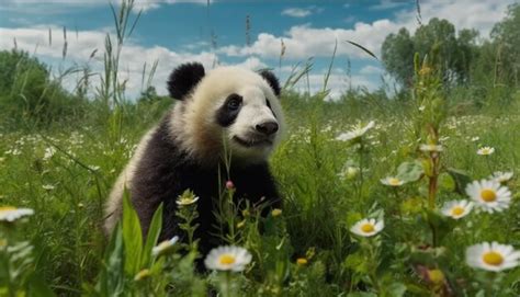 Premium Ai Image Cute Panda Cub Sitting In Green Meadow Eating Bamboo