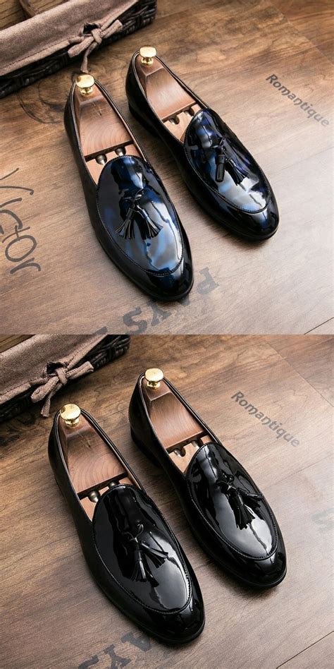 Prelesty Simple Mens Shoes Penny Loafers Patent Leather Dress Formal