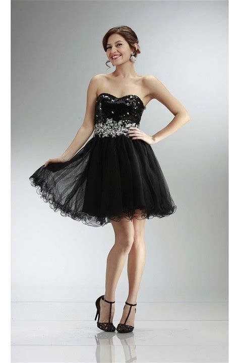 Lovely Ball Strapless Short Black Sequin Tulle Cocktail Prom Dress Black Prom Dress Short