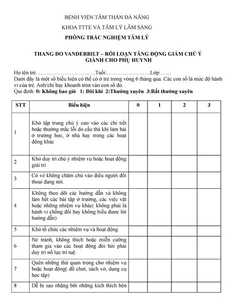 18. ADHD. Thang ĐO Vanderbilt DÀNH CHO CHA ME - BỆNH VIỆN TÂM THẦN ĐÀ