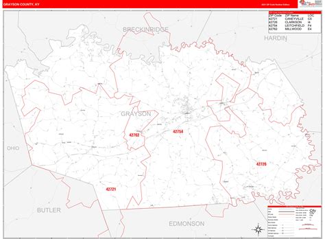 Grayson County Ky Zip Code Wall Map Red Line Style By Marketmaps
