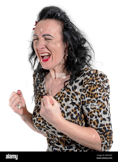 Angry Woman In Leopard Dress Screaming And Clenching Her Fist Stock