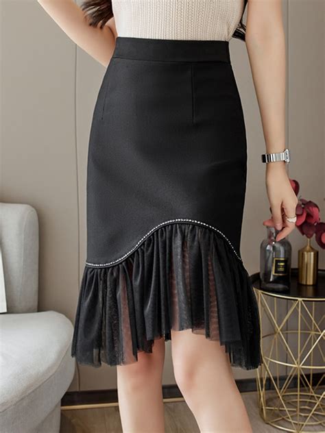 2022 New Mesh Stitching Skirt Womens New Elastic High Waist Bag Hip Skirt Lotus Leaf