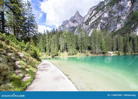 Lake Braies In Dolomites Italy Stock Photo Image Of Panorama Blue