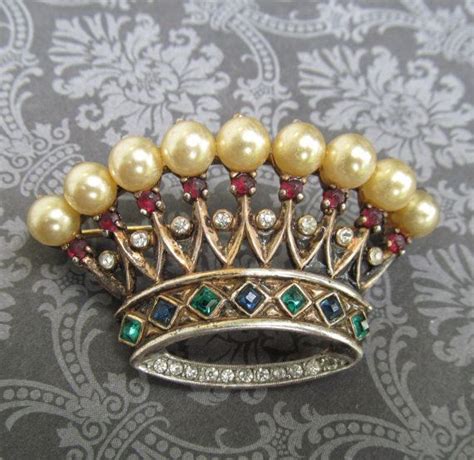 Antique Trifari Crown Brooch Sterling Silver Faux Pearls And