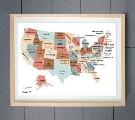 Usa Map Art Print With Capital Cities Various Sizes Available 11x14