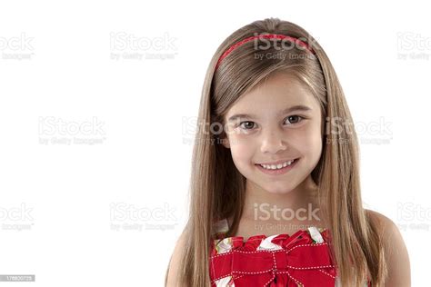 Headshot Adorable Girl Smiling With Long Hair Brown Eyes Stock Photo