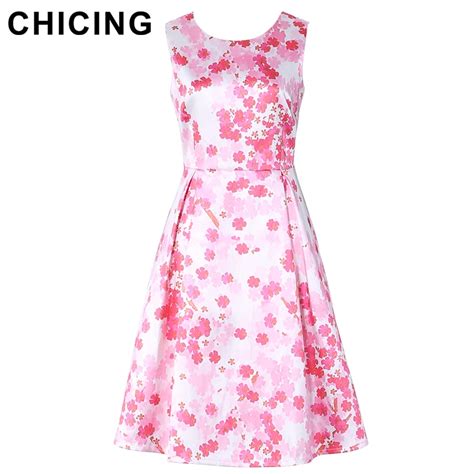 Chicing Women Floral Printed Cherry Blossoms Dresses 2018 Spring Summer Sleeveless Fit Flared
