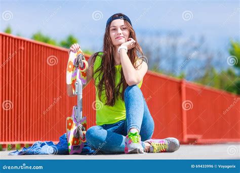 Teenage Girl Skater Riding Skateboard On Street Stock Photo Image Of