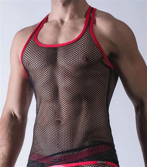 Male Sexy Sheer Black Mesh Tank Top With Red Trim Undershirt Racer Back