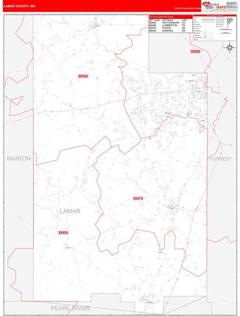Lamar County Ms Zip Code Wall Map Red Line Style By Marketmaps
