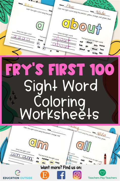 Frys First 100 Sight Word Coloring Worksheets No Prep Printable Set