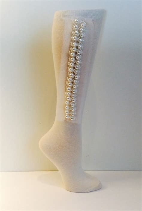 Jewel Embellished Pearls Knee High Tights Cream Cotton