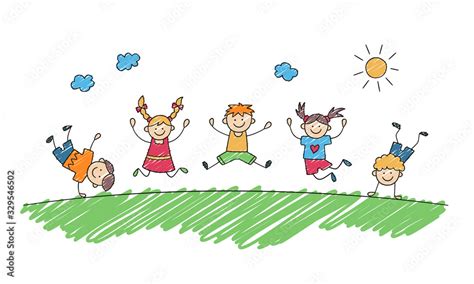 Happy Children Jump Together In Summer Park Funny Jumping Kids