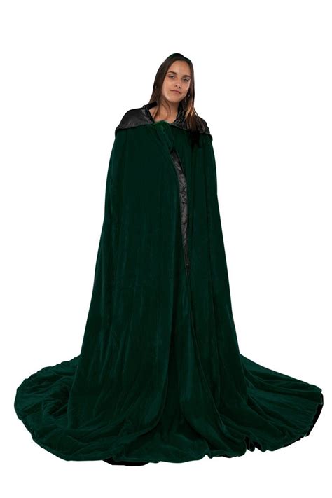 Dark Green Cloak Fully Lined With Black Satin Hooded Velvet Medieval