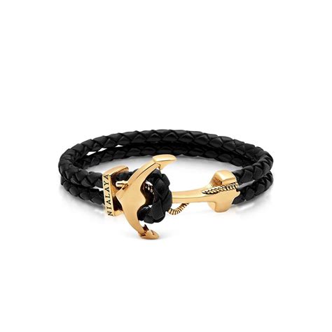Nialaya Mens Black Leather Bracelet With Gold Plated Anchor Gregory