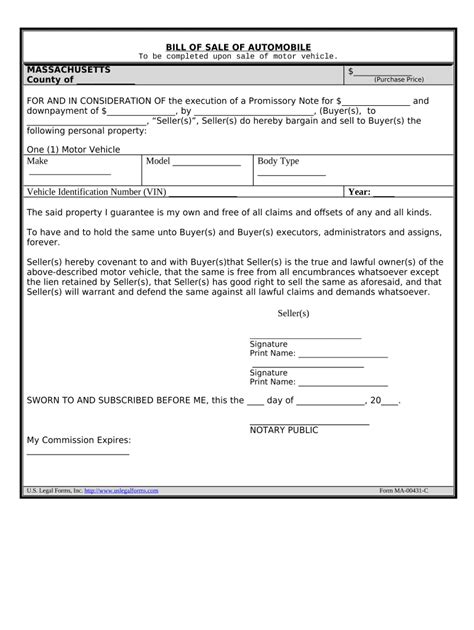 Massachusetts Vehicle Bill Of Sale Template Form Fill Out And Sign