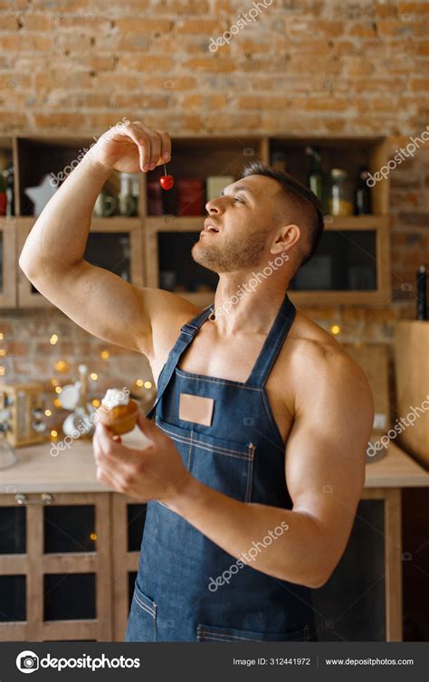 Naked Man Apron Taste Cakes Cherry Kitchen Nude Male Person Stock Photo By Nomadsoul