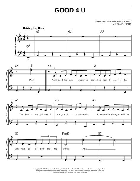 Good 4 U Sheet Music Olivia Rodrigo Easy Piano