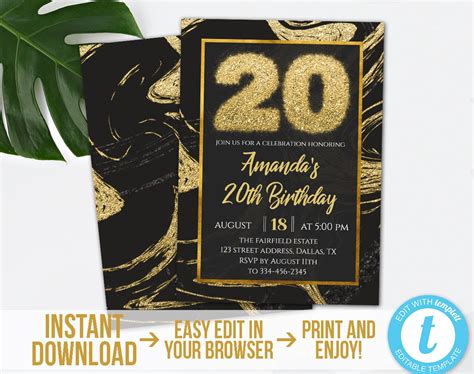 20th Birthday Invitation Editable Mable 20th Birthday Etsy