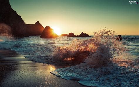 Sea Rocks Sunrise Waves Beautiful Views Wallpapers