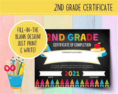Printable 2nd Grade Graduation Certificate 2021 Chalkboard Etsy