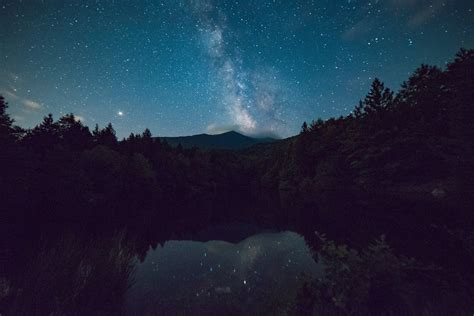 4k Wallpaper Calm Waters Dark Scenic View Of Forest During Night Time