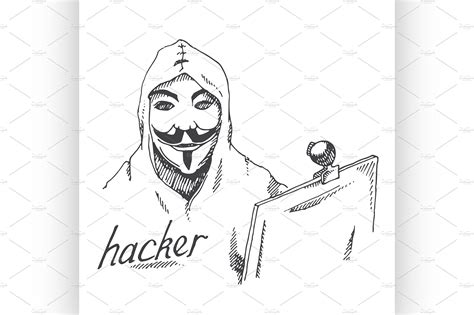 Portrait Of Hacker With Mask Pre Designed Illustrator Graphics