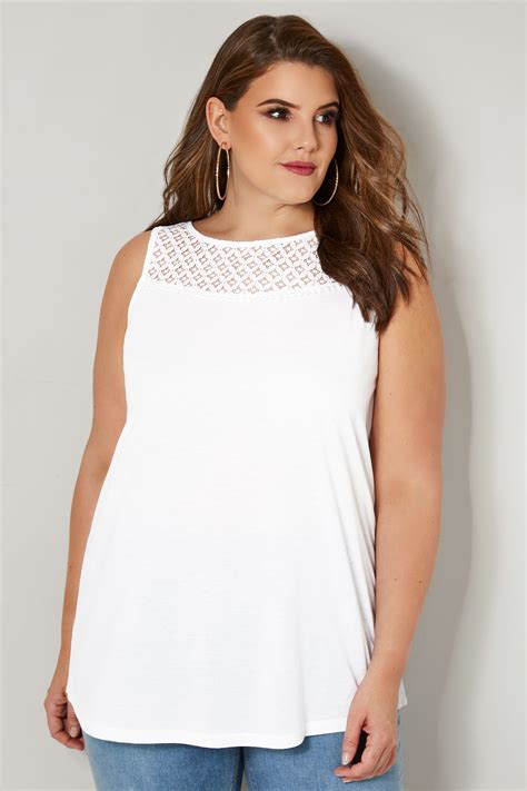 White Sleeveless Top With Lace Yoke Plus Size 16 To 36