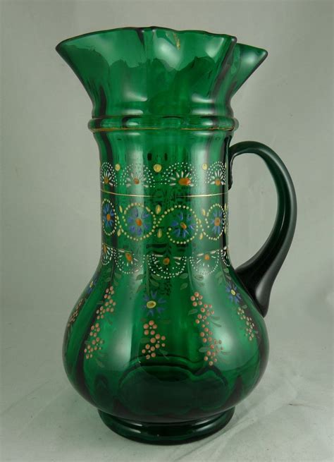 Victorian Enamel Decorated Blown Glass Pitcher Ruffled Rim Glass Blowing Colored Glassware