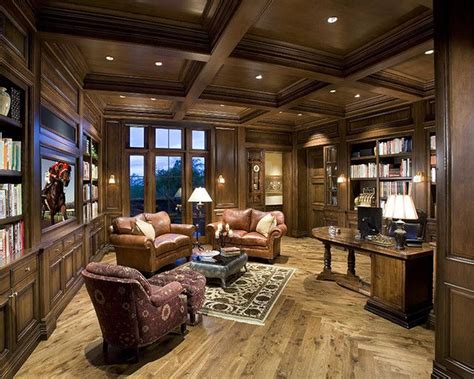 Library With Coffered Ceilings And Wood Paneling And Book Cases Home