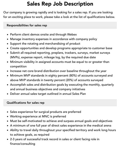 Sales Rep Job Description Velvet Jobs
