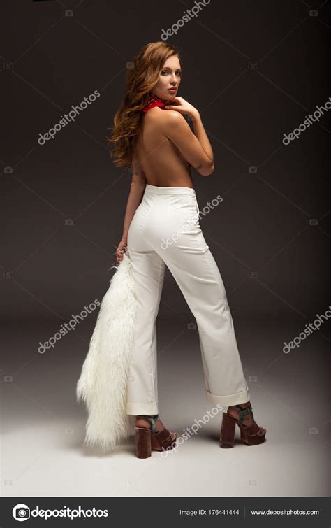 Sexy Woman Naked Back White Trousers Looking Shoulder Stock Photo By