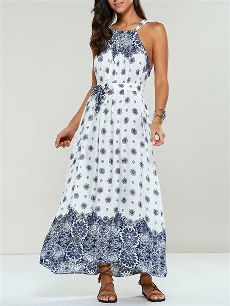 36 Off Long Ethnic Print Maxi Halter Sleeveless Dress Rosegal