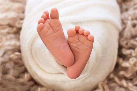 Foot Of The Newborn Baby Tenderness Copy Space In Winter Concept