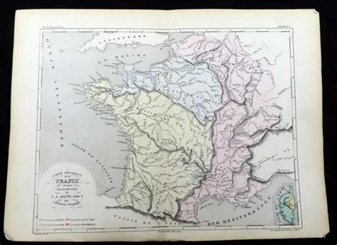 ANTICA MAPPA DELLA Francia Geografia Fisica Incisione Colorata A Mano