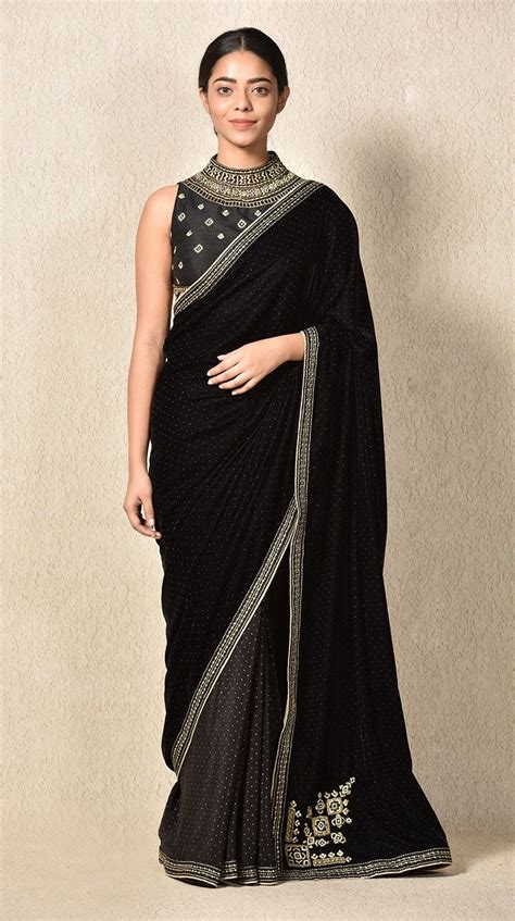 Buy Indian Designer Black Embroidered Velvet Saree With Stitched Blouse