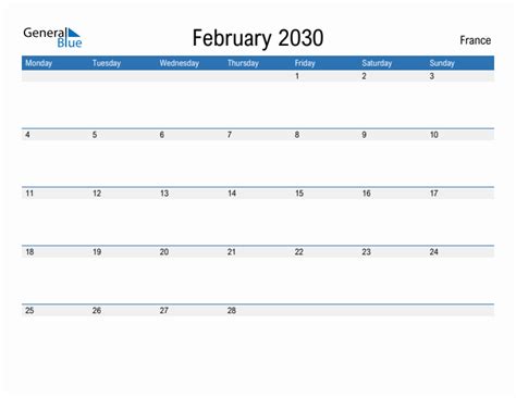 Editable February 2030 Calendar With France Holidays