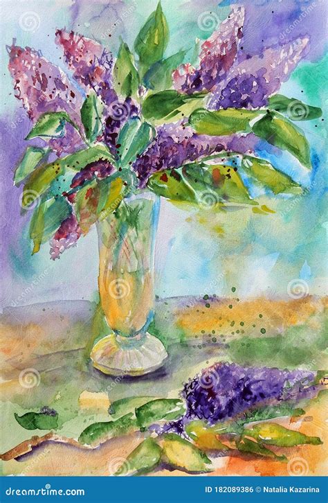 Watercolor Bouquet Of Lilacs In A Crystal Vase On A Turquoise