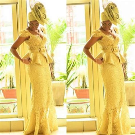 Aso Ebi Style African Evening Gown Yellow Lace Mermaid Nigerian Evening