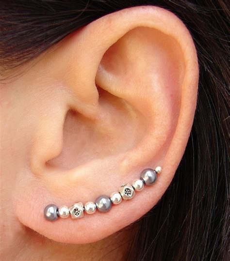 Ear Pins Blue Gunmetal Silvery Glass Pearl And Silver 1 1 4 Inch Long