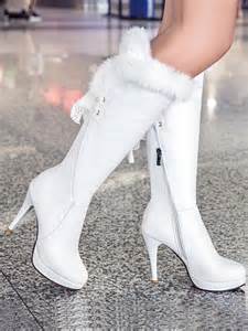 White Round Toe Stiletto Lace Faux Fur Patchwork Fashion Knee High