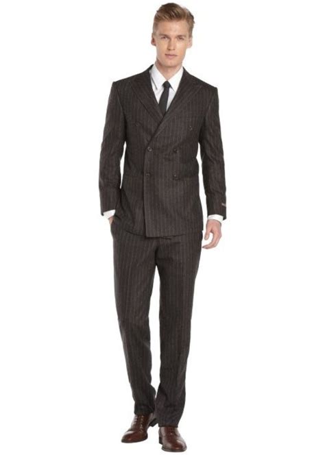 Hickey Freeman Hickey Freeman Grey Striped Double Breasted Wool Suit