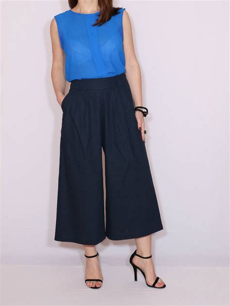 Navy Blue Linen Culottes With Pockets Etsy