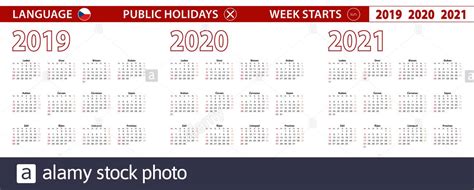 Calendario Vectorial De 2019 2020 2021 Años En Checo La Semana Comienza El Domingo