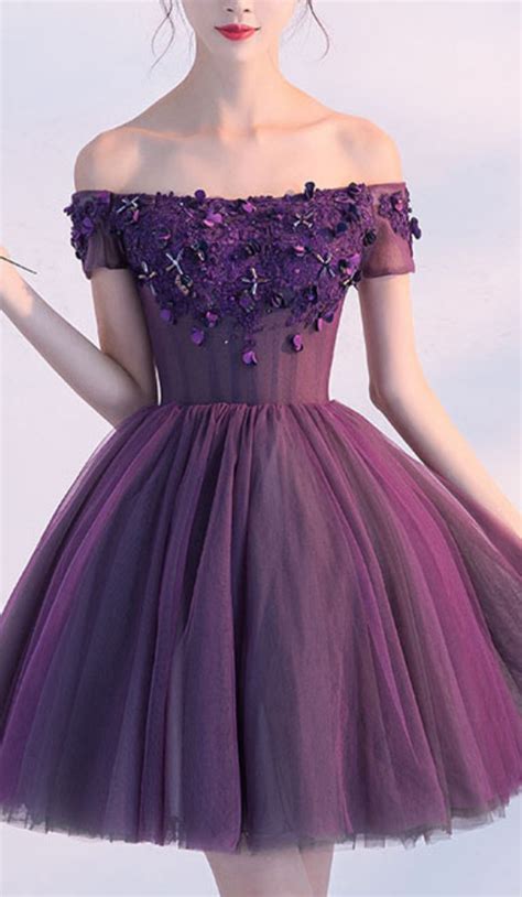 Cute A Line Dark Purple Homecoming Dressesoff Shoulder Short Prom Dresssexy Appliqued
