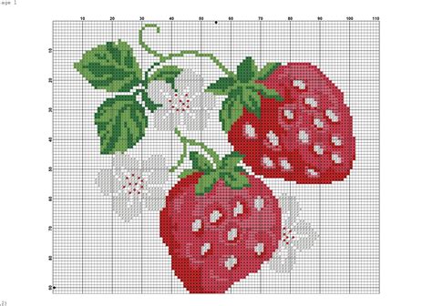 Two Strawberries With Leaves And Flowers On The Cross Stitch Pattern