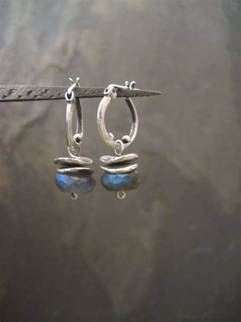 Labradorite hoops, small hoops, labradorite dangle, silver hoops, gemstone hoops, blue gray 